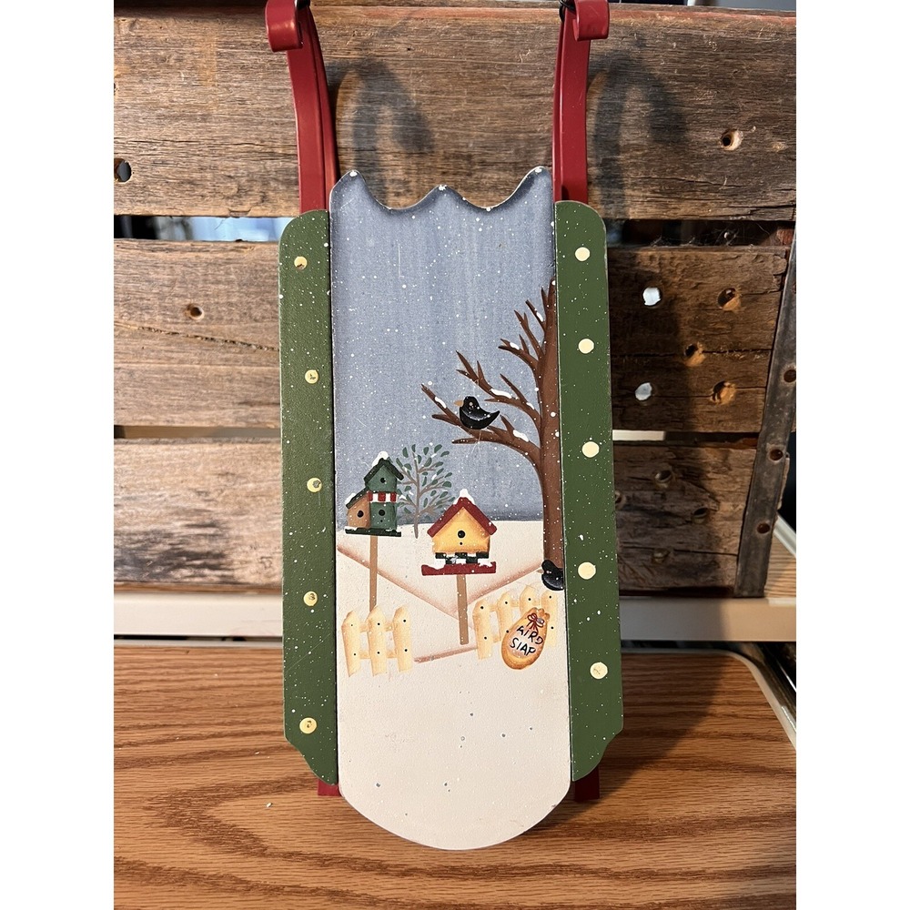 Merry Christmas‎ Birds Sleigh Holiday Wall Art 12" Hand Painted Decor, Primitive